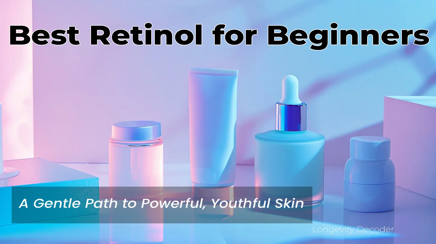 A calm nighttime skincare scene showing the best retinol for beginners beside a moisturizer and SPF on a clean white counter with soft blue-lavender lighting, symbolizing a gentle and balanced skincare routine.