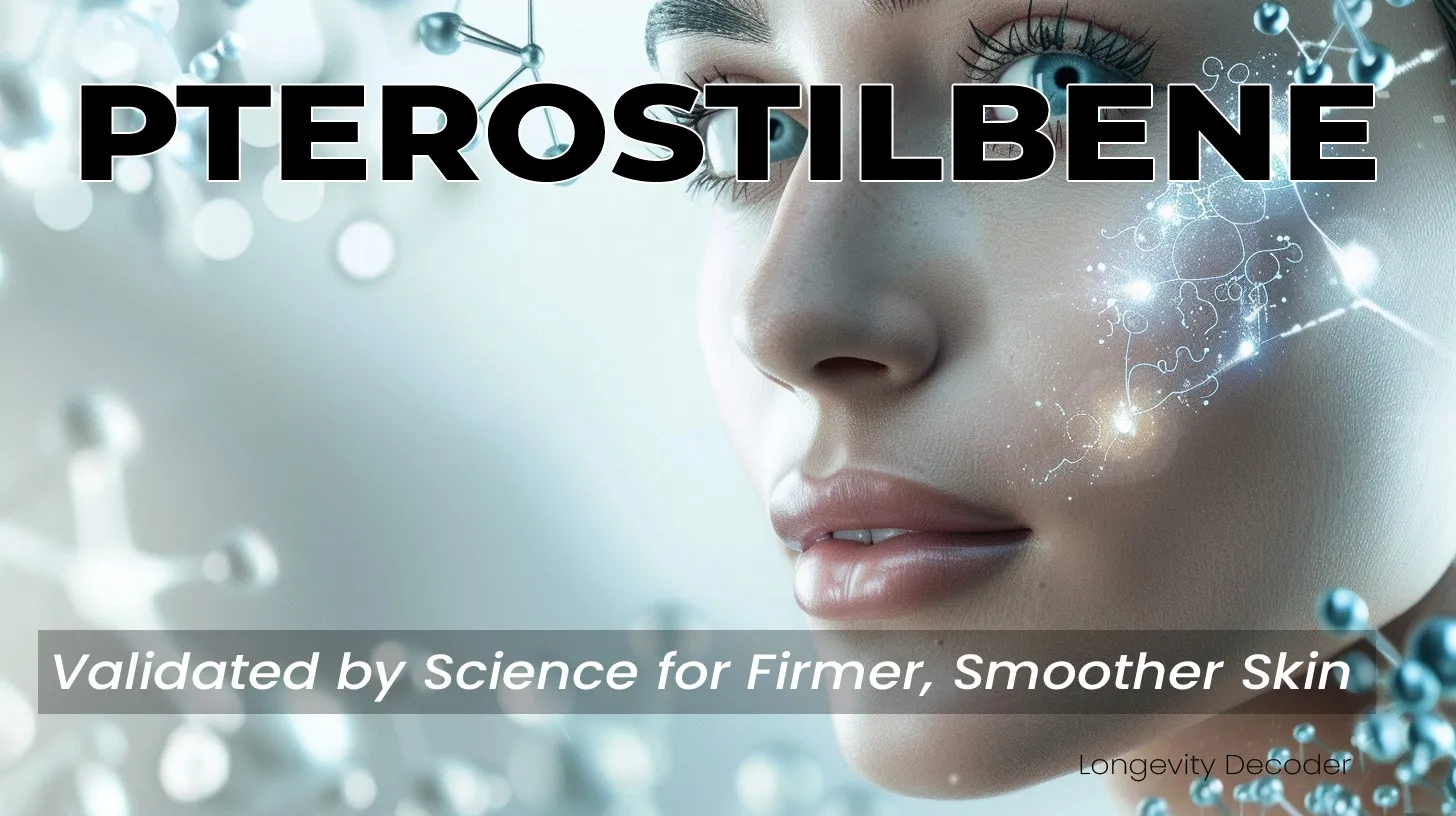 Photorealistic image of a woman with glowing, firm skin under soft clinical lighting, symbolizing the effects of a pterostilbene anti-aging cream that improves wrinkles, collagen, and elasticity after 28 days.