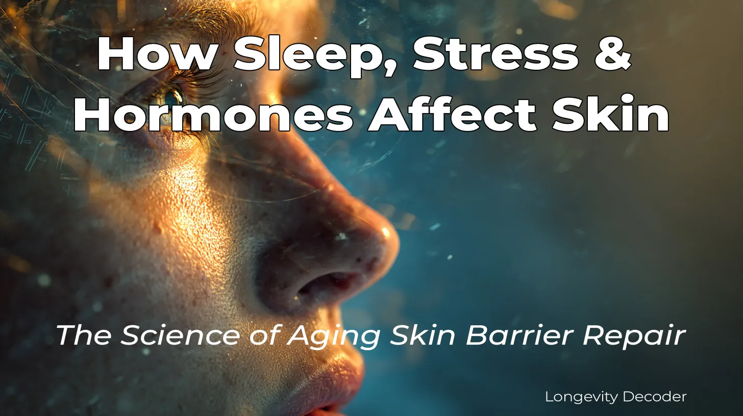 Photorealistic image of a woman’s face half lit by warm light and half by cool tones, representing the effects of sleep, stress, and hormones on aging skin barrier repair.
