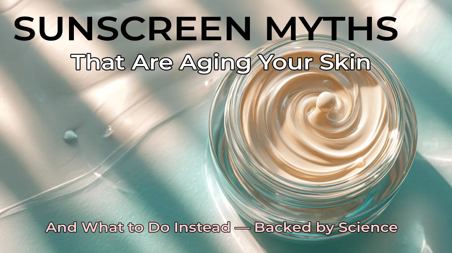 Aesthetic sunscreen composition illustrating common sunscreen myths, showing UV protection concept with sunlight beams and minimalist scientific style.