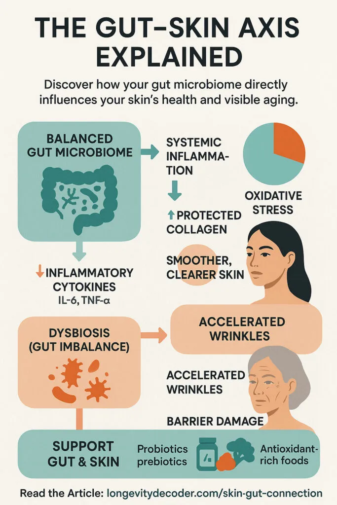 Illustration of the skin-gut connection showing how a balanced gut microbiome reduces inflammation, supports collagen, and promotes healthy, youthful skin from within.